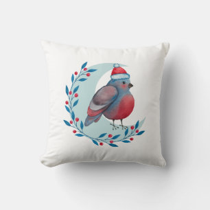 Watercolor Christmas Blue Bird On Moon Cushion
