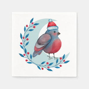 Watercolor Christmas Blue Bird On Moon Napkin