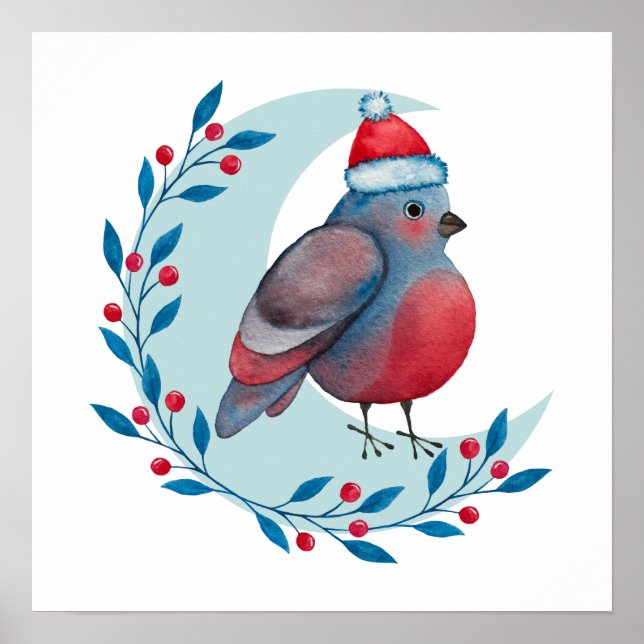 Watercolor Christmas Blue Bird On Moon Poster (Front)