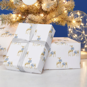 Watercolor Christmas Blue Bow Chinoiserie Reindeer Wrapping Paper