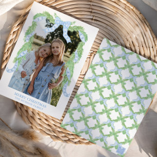 Watercolor Christmas Blue Bow Garland Photo Holiday Card