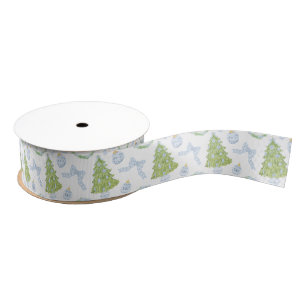 Watercolor Christmas Blue Bow Ginger Jar Trees Grosgrain Ribbon