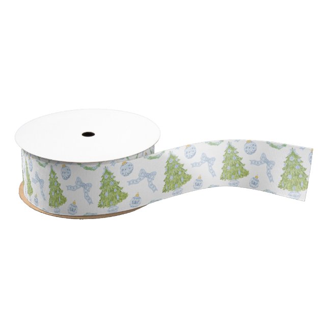Watercolor Christmas Blue Bow Ginger Jar Trees Grosgrain Ribbon (Spool)