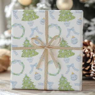 Watercolor Christmas Blue Bow Ginger Jar Trees Wrapping Paper