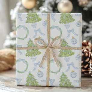 Watercolor Christmas Blue Bow Ginger Jar Trees Wrapping Paper Sheet