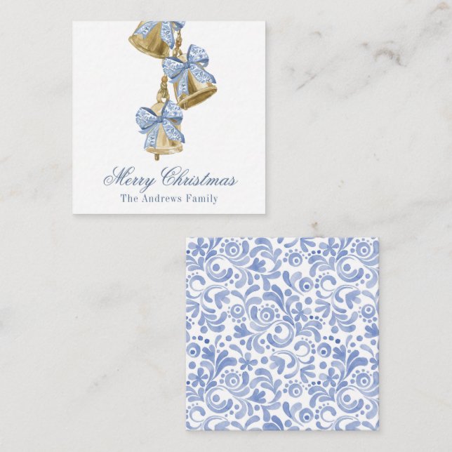Watercolor Christmas Blue Chinoiserie Bow Bells Card (Front/Back)
