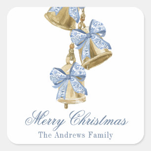 Watercolor Christmas Blue Chinoiserie Bow Bells Square Sticker