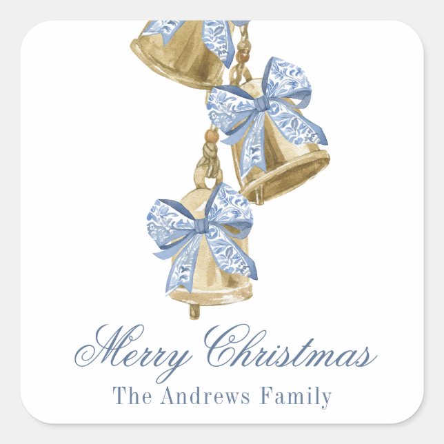 Watercolor Christmas Blue Chinoiserie Bow Bells Square Sticker (Front)