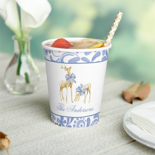 Watercolor Christmas Blue Chinoiserie Bow Reindeer Paper Cups (Insitu)