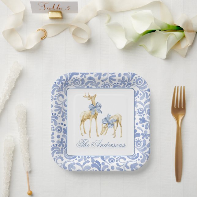 Watercolor Christmas Blue Chinoiserie Bow Reindeer Paper Plate (Wedding)