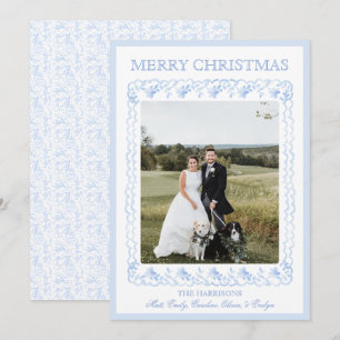 Watercolor Christmas Blue Chinoiserie One Photo  Holiday Card