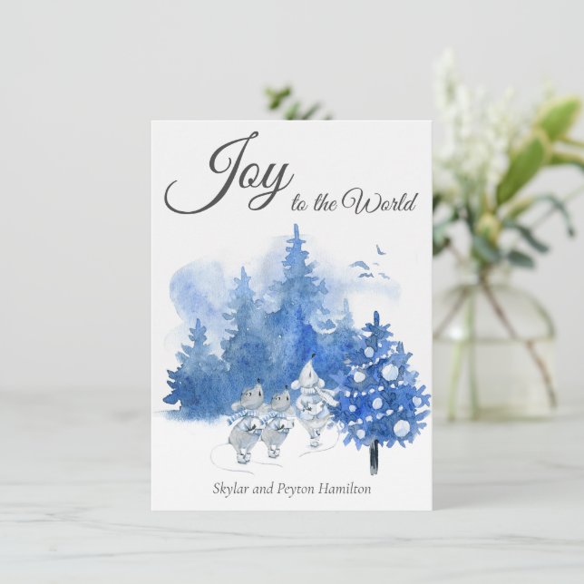 Watercolor Christmas Blue Elegant Singing Mouse (Standing Front)