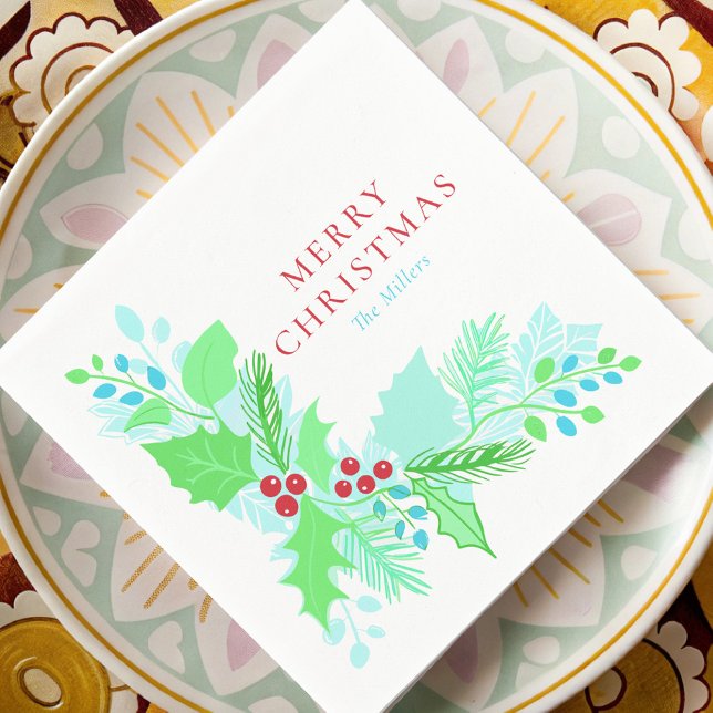 Watercolor Christmas Blue Green and Red Botanicals Napkin (Creator Uploaded)