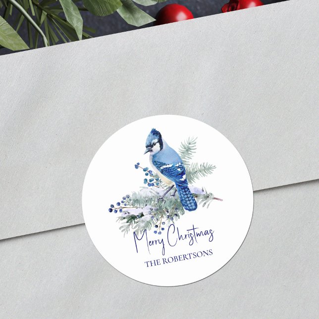 Watercolor Christmas Blue Jay Winter Holiday Classic Round Sticker (Creator Uploaded)