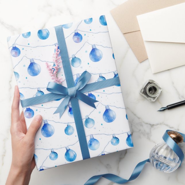 Watercolor Christmas Blue String Lights Wrapping Paper (Gifting)