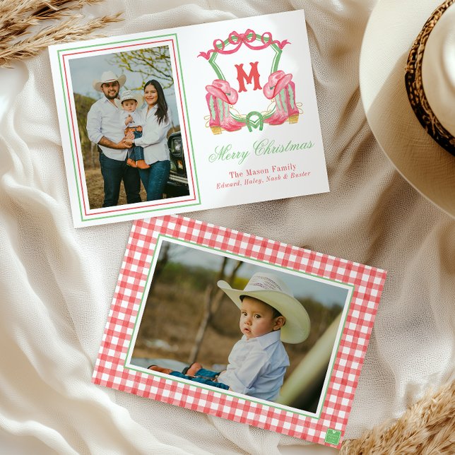 Watercolor Christmas Boots  Monogram Crest Photo Holiday Card (Creator Uploaded)