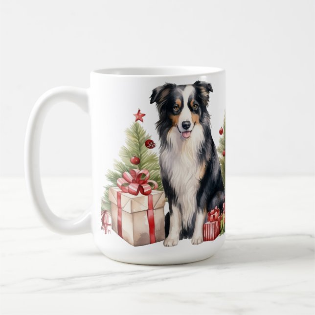 WATERCOLOR CHRISTMAS BORDER COLLIE DOG COFFEE MUG (Left)