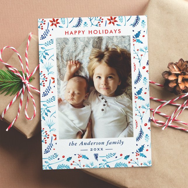 Watercolor Christmas Botanical Berries Photo Frame Holiday Card (Creator Uploaded)