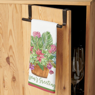 Watercolor Christmas botanical bouquet Tea Towel