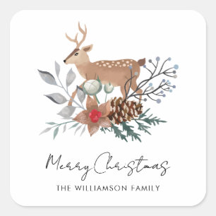 Watercolor Christmas Botanical Deer Holiday Square Sticker