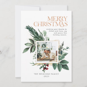 Watercolor Christmas Botanical Foliage One Photo Holiday Card