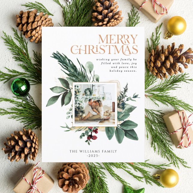 Watercolor Christmas Botanical Foliage One Photo Holiday Postcard (FRONT)