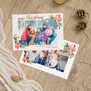 Watercolor Christmas Botanical Poinsettia 2 Photo Holiday Card