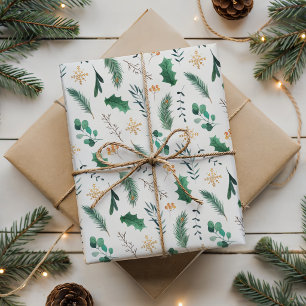 Watercolor Christmas Botanical Seamless Pattern Wrapping Paper