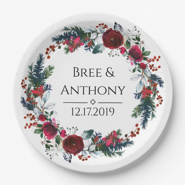 Watercolor Christmas Bouquet Wedding Paper Plate (Front)