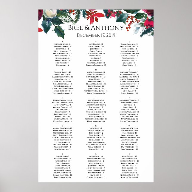 Watercolor Christmas Bouquet Wedding Seating Chart (Front)