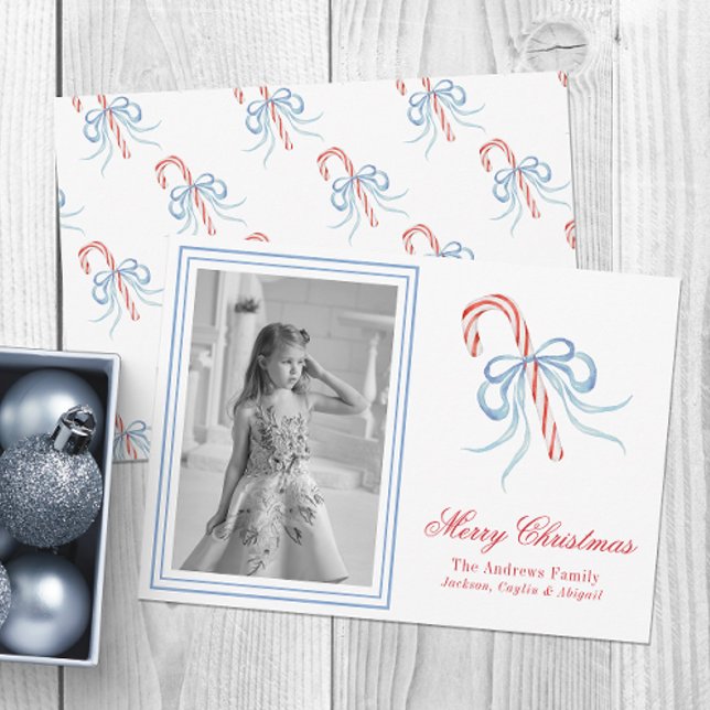 Watercolor Christmas Bow Candy Cane Photo Holiday Card (Creator Uploaded)