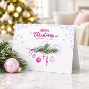 Watercolor Christmas Branch with Pink Ornaments Card