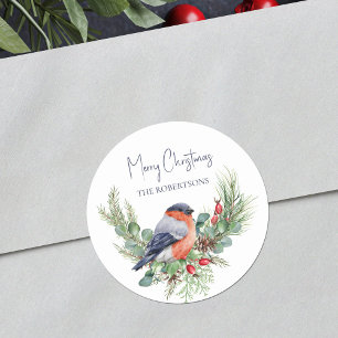 Watercolor Christmas Bullfinch Winter Bird Classic Round Sticker