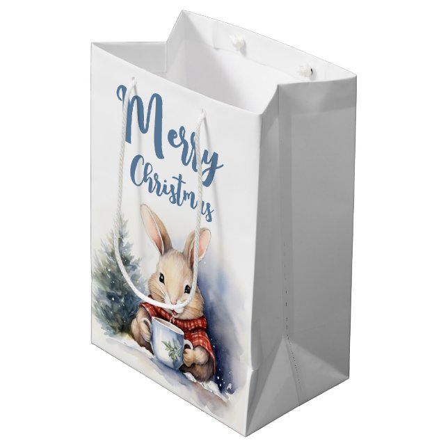 Watercolor Christmas Bunny Medium Gift Bag (Front Angled)