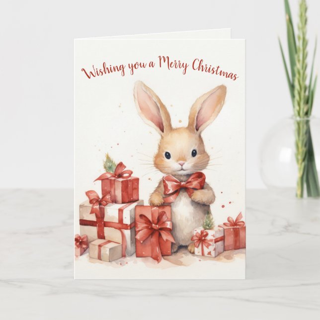 Watercolor Christmas Bunny With Gifts Holiday Card (Front)