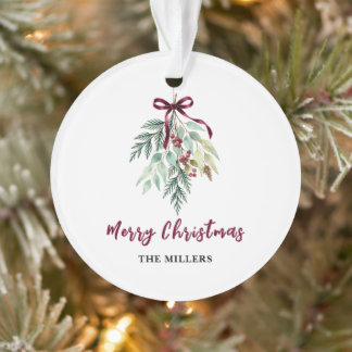 Watercolor Christmas Burgundy Greenery Ornament