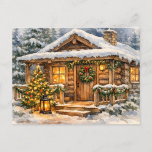 Watercolor Christmas Cabin in the Forest Holiday Postcard