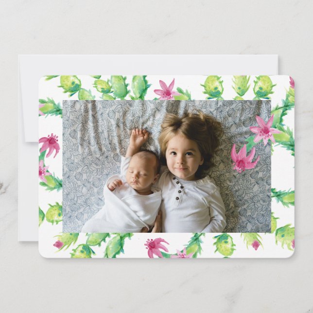 Watercolor Christmas Cactus Holiday Photo Card (Front)