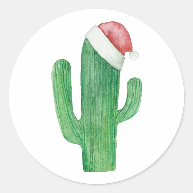 Watercolor Christmas cactus. Santa Claus cacti Classic Round Sticker (Front)
