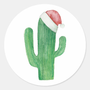 Watercolor Christmas cactus. Santa Claus cacti Classic Round Sticker