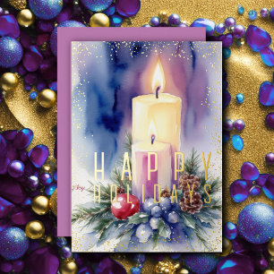 Watercolor Christmas Candle Purple Foil Holiday Card