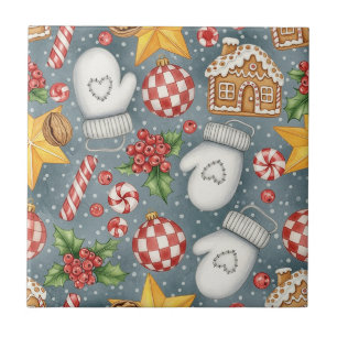 Watercolor Christmas Candy Cane Gingerbread Tile