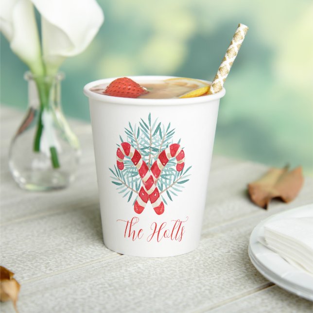 Watercolor Christmas Candy Cane Personalised Paper Cups (Insitu)