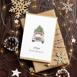 Watercolor Christmas Car Pine Tree Happy Holidays Holiday Card