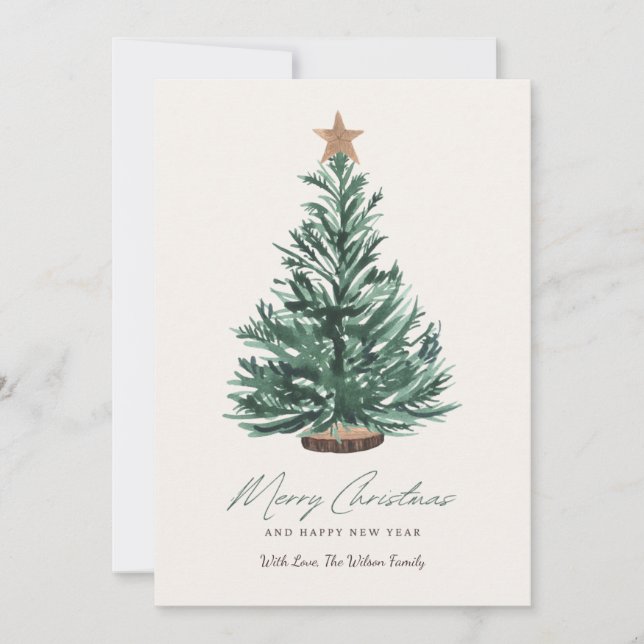 Watercolor Christmas Card Green Tree with Star (Front)
