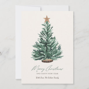 Watercolor Christmas Card Green Tree with Star