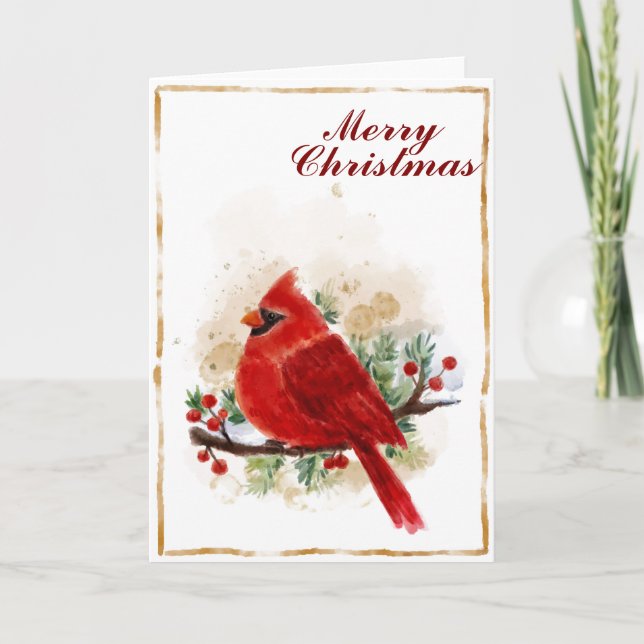 Watercolor Christmas Cardinal Bird Holiday Card (Front)