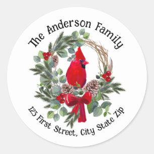 Watercolor Christmas Cardinal Red Bird Berries  Classic Round Sticker
