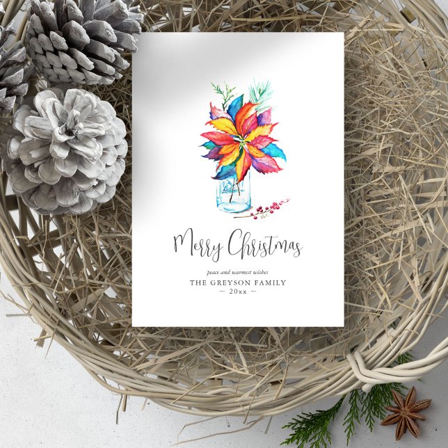 Watercolor Christmas Cards Colourful Poinsettia (Christmas card unique and colorful watercolor poinsettia art by Victoria Grigaliunas)