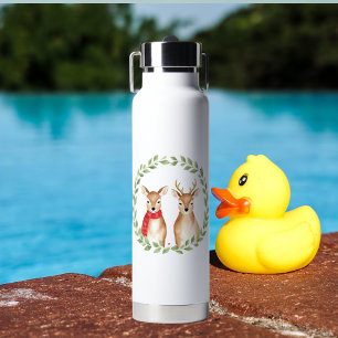 Watercolor Christmas Caribou Couple Water Bottle